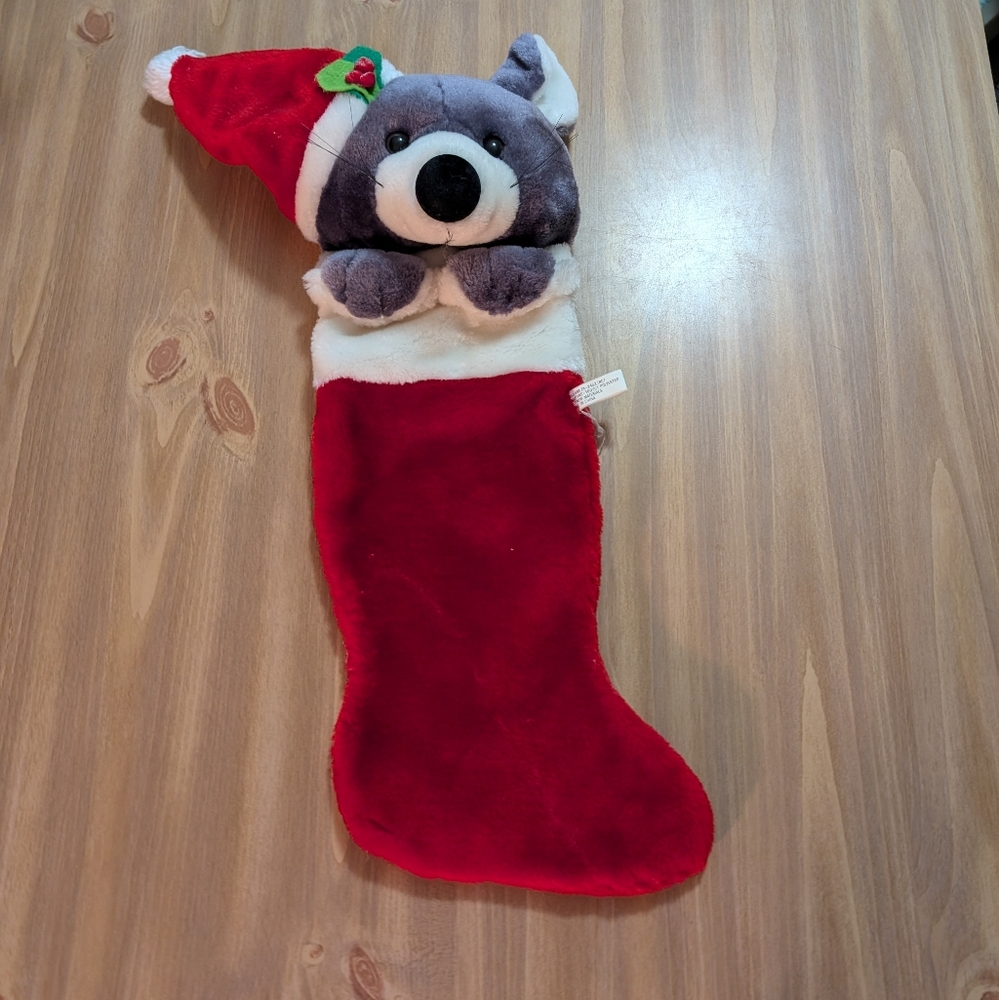 Plush Christmas Stocking with Gray Mouse Vintage